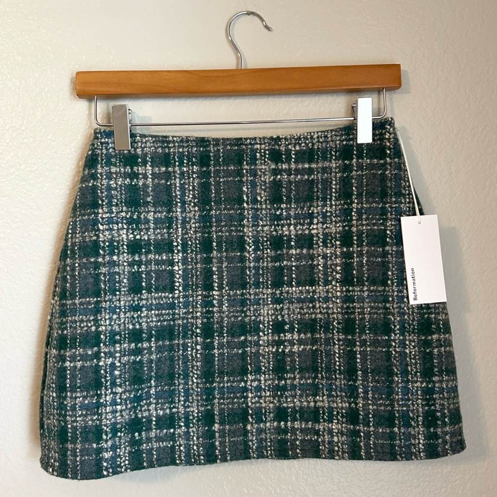 NWT, Reformation Jennie Green/Blue/Cream Plaid Tweed Preppy Mini Skirt, Size 0